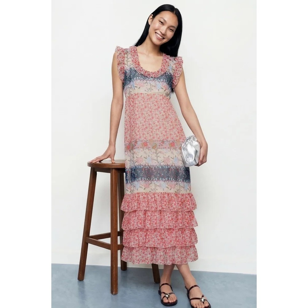 Anna Sui Paisley Garden Border Pink Floral Maxi Dress Size 6